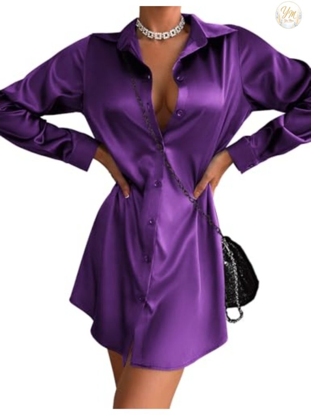 Satin Long Sleeve Button Down Shirt Dress V-Neck Mini with Belt